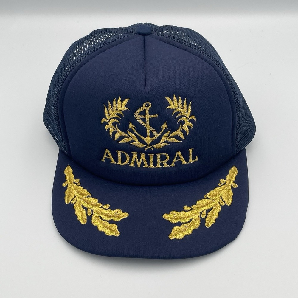 Vintage Navy Admiral Snapback Hat Trucker Mesh Gold Leaf EUC Patch Anchor Blue